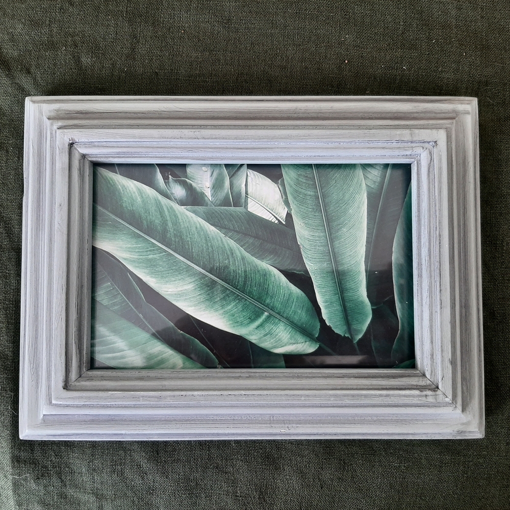 Gray Wooden Picture Frame with Green Leaf Art